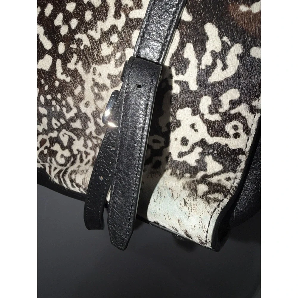 Michael Kors Sophie Large Satchel Bag Black Leather with Calf Hair Black White 1